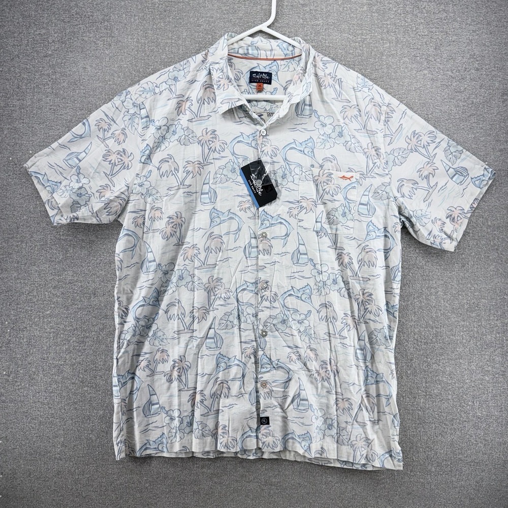Salt Life Fishing Shirt Men Size XL White Fish Print Short Sleeve Button Up NEW